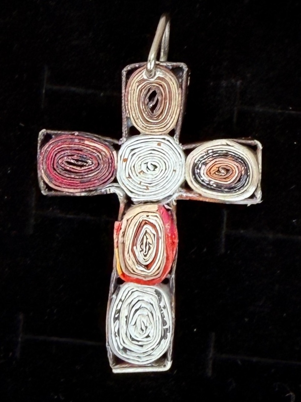 Artisan Cross Pendant Rolled Paper Coil Mosaic Multicolor Mixed Media